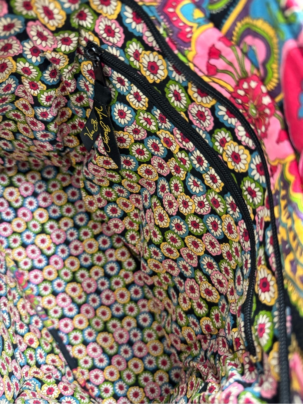 Vera Bradley Black Quilted Tote with Pink, Green & Yellow Floral Print - Picture 9 of 10
